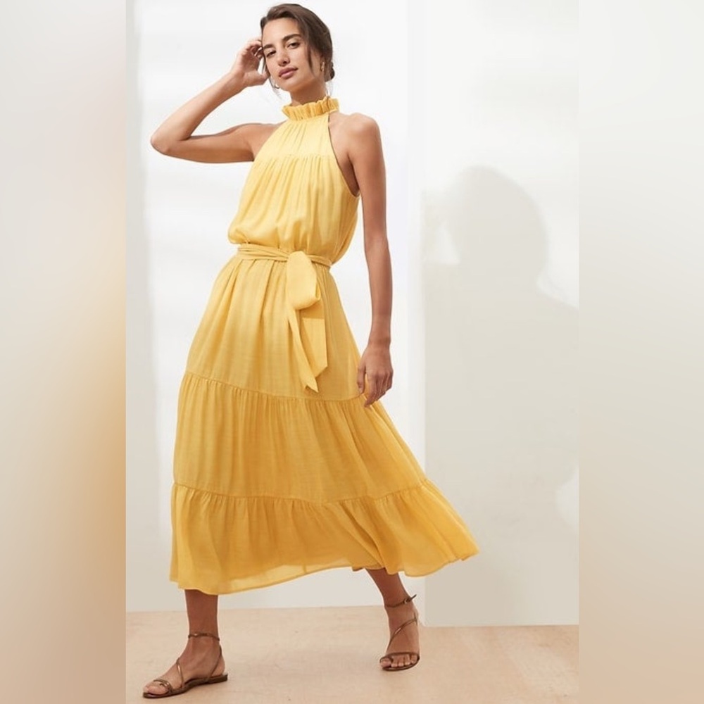 Banana Republic Ruffle-Neck Tiered Midi Dress Calm Yellow Size S